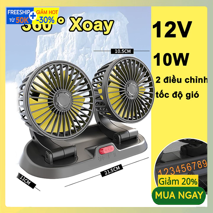 Quạt cho xe ô tô 10W cắm tẩu 12v xoay 360 độ cho xe tải, xe con