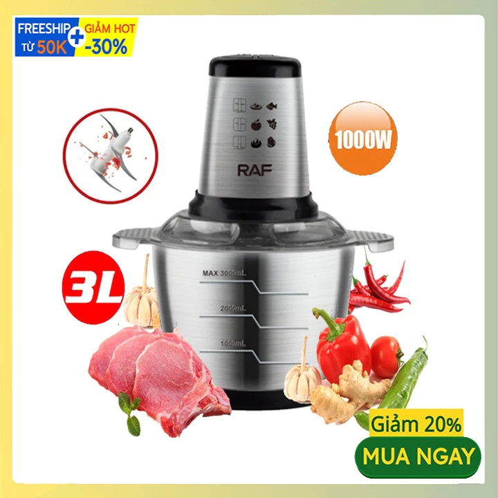 Máy xay thịt cầm tay RAF1000W cối inox 3L dễ vệ sinh an toàn thực phẩm