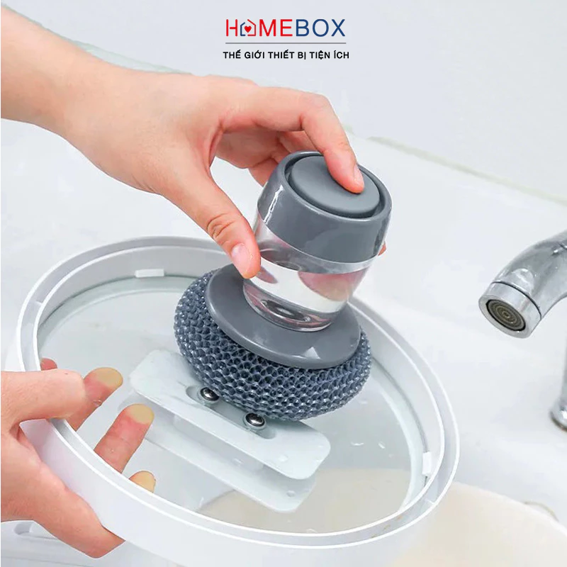 Bàn chải cọ xoong nồi bếp cọ rửa bát đĩa có bình đựng xà phòng, Dụng cụ nhà bếp cọ xoong nồi