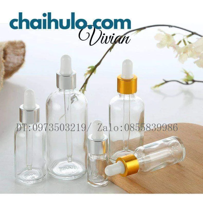 Chai Lọ Đựng Tinh Dầu, serum, thân thủy tinh trong suốt nắp bóp đen, trắng, đủ loại dung tích