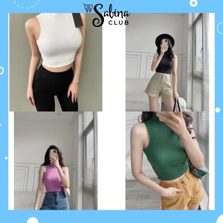 Áo Croptop Nữ Trơn Sát Nách Cổ Lọ Thun Bo Gân Co Giãn Form Basic Siêu Hot MS.B5