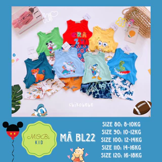 Mã BL22 lô 2 [8-18kg] Bộ Ba Lỗ Thun Cotton Quần Bozip In Hình Sư Tử Khủng Long Mickey Donald