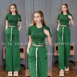 set bộ thun gân  ngắn tay áo croptop mix quần  ống rộng sang chảnh , mặc đi chơi\