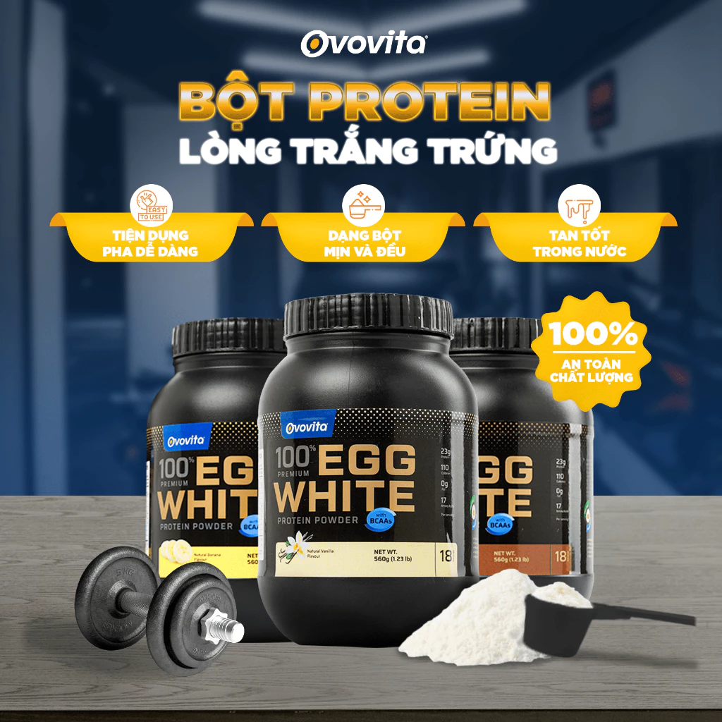 OVOVITA Combo 3 Hũ Egg White Protein Hỗ Trợ Tăng Cơ (560gr/ Hũ). Đầy Đủ 3 Hương Vị Chocolate, Vani, Banana