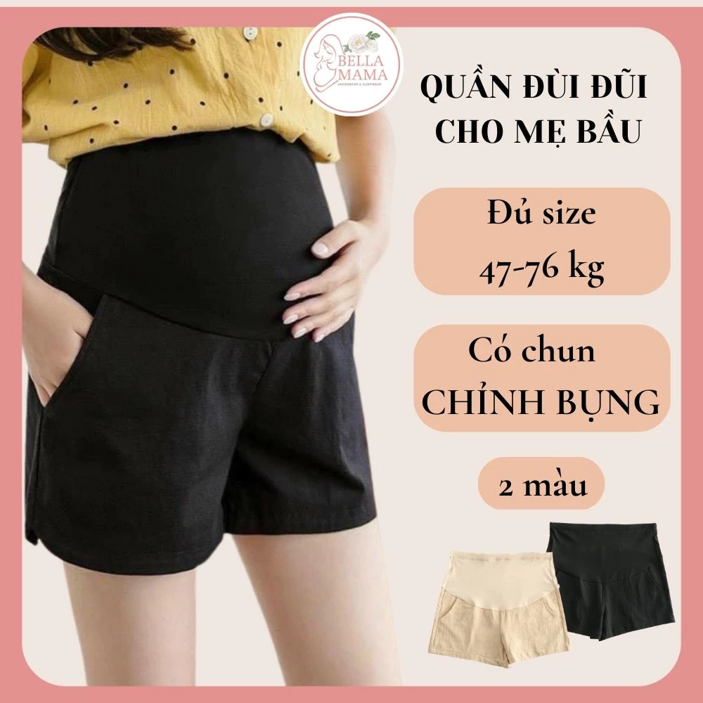 Quần Đùi Bầu Mùa Hè Quần Bầu Chất Đũi Mềm Mát Có Đáp Đỡ Bụng Bầu Và Chung Chỉnh Bụng Bella Mama Q09