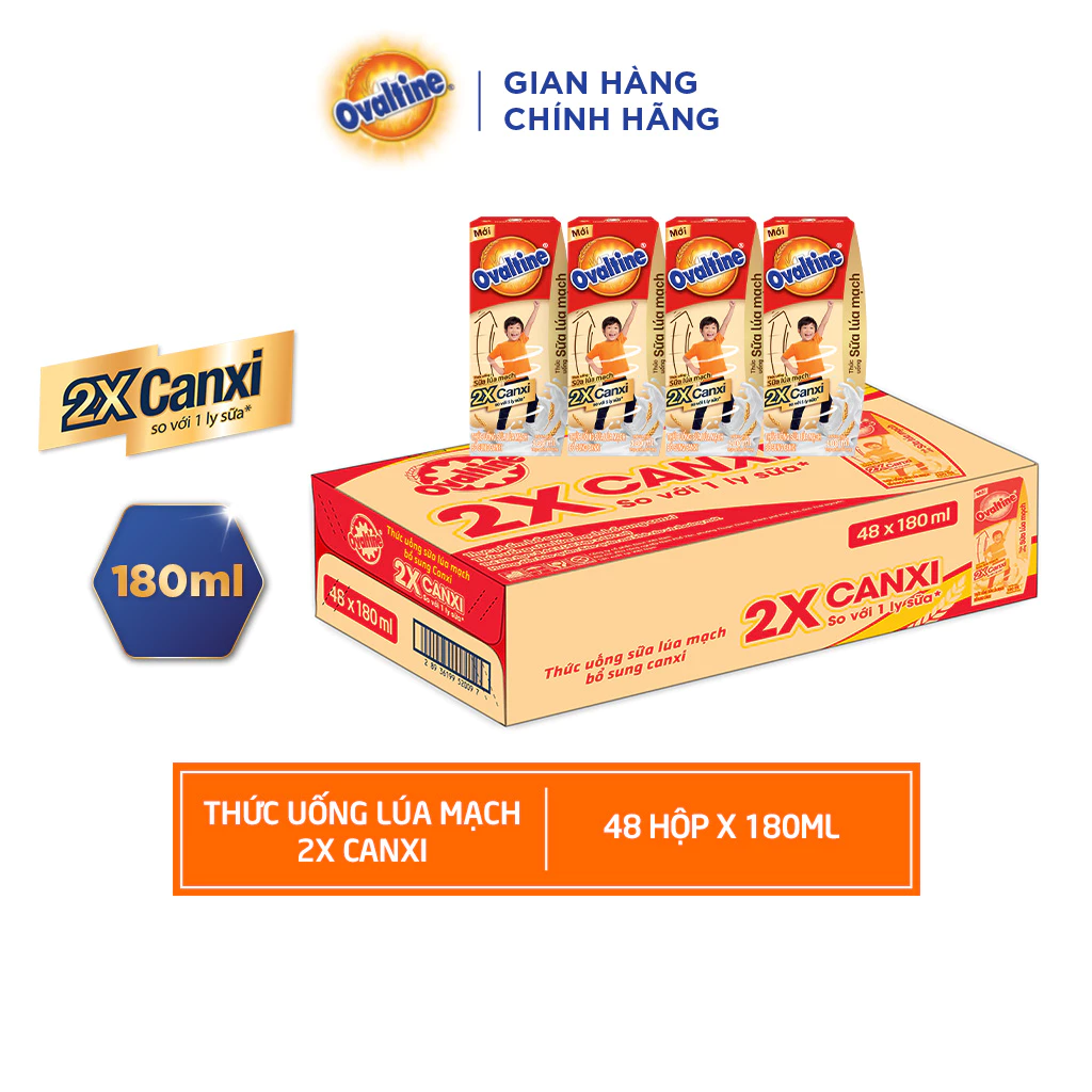 Thùng 48 hộp Thức uống lúa mạch gấp đôi Canxi Ovaltine (180ml x 48)