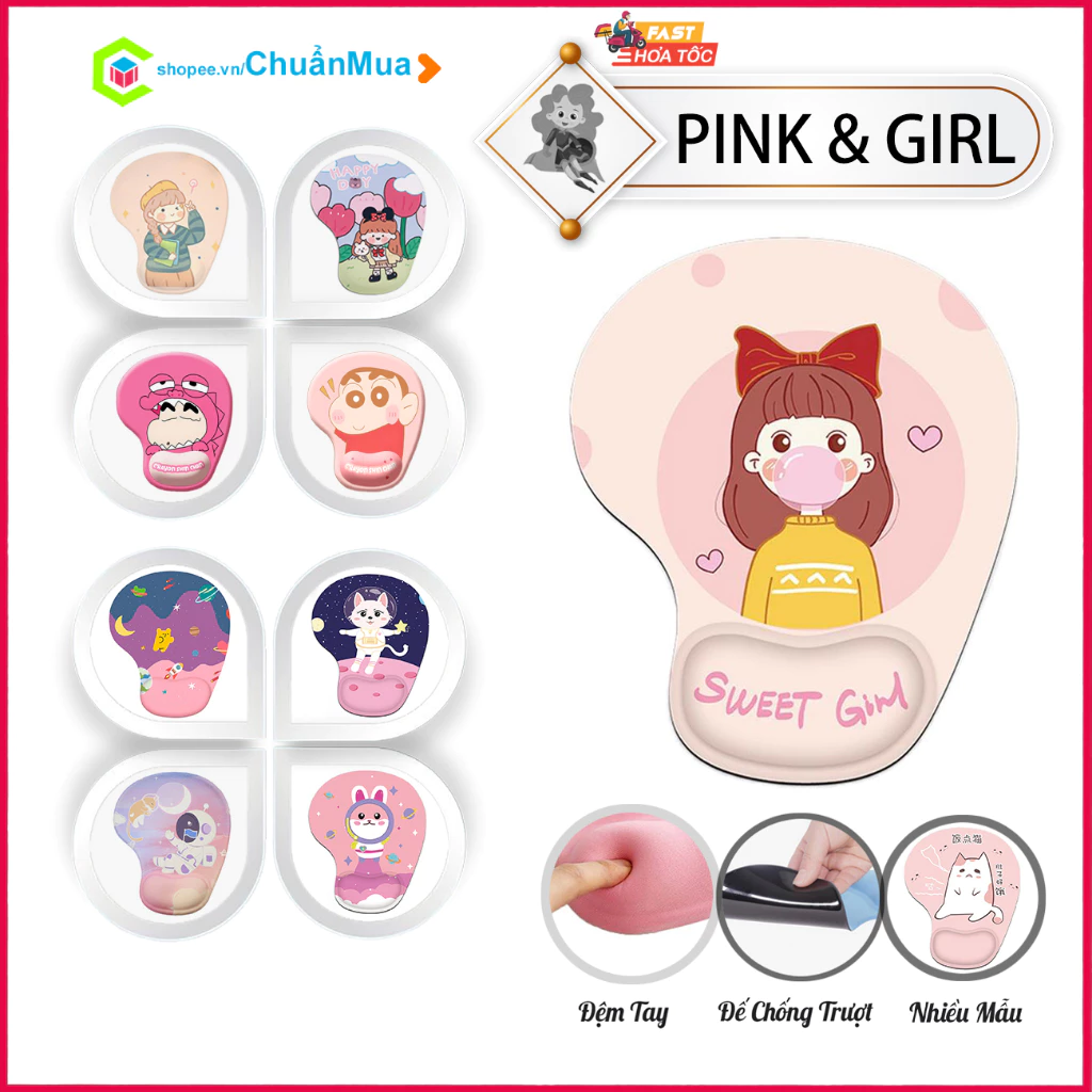 Lót Chuột Màu Hồng Có Đệm Kê Tay Silicon KOJMAC Mouse Pad Pink 3D ( Tổng Hợp Bàn Di Chủ Đề Dễ Thương Anime Game Cute  )