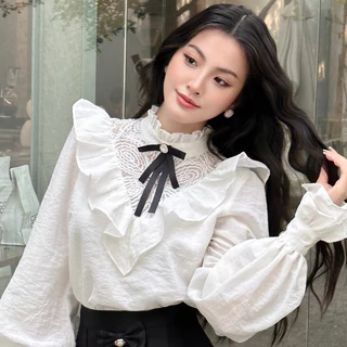 [FLORUS] Áo tơ voan tay phồng nhún bèo phối ren - Frill Top