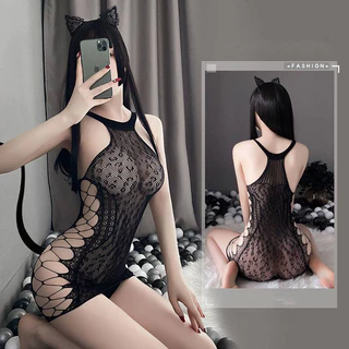 Bộ body lưới cổ yếm dây đan sexy 112