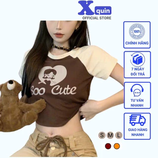 Áo croptop ngắn tay cổ tròn ôm body Xquin, Áo kiểu nữ tay phối màu in hình soo cute cực xinh