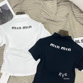 Áo thun gân len tăm XNK cổ lọ Miu Miu , Áo thun cổ lọ in chữ miu miu 🌈🌈🌈c9988