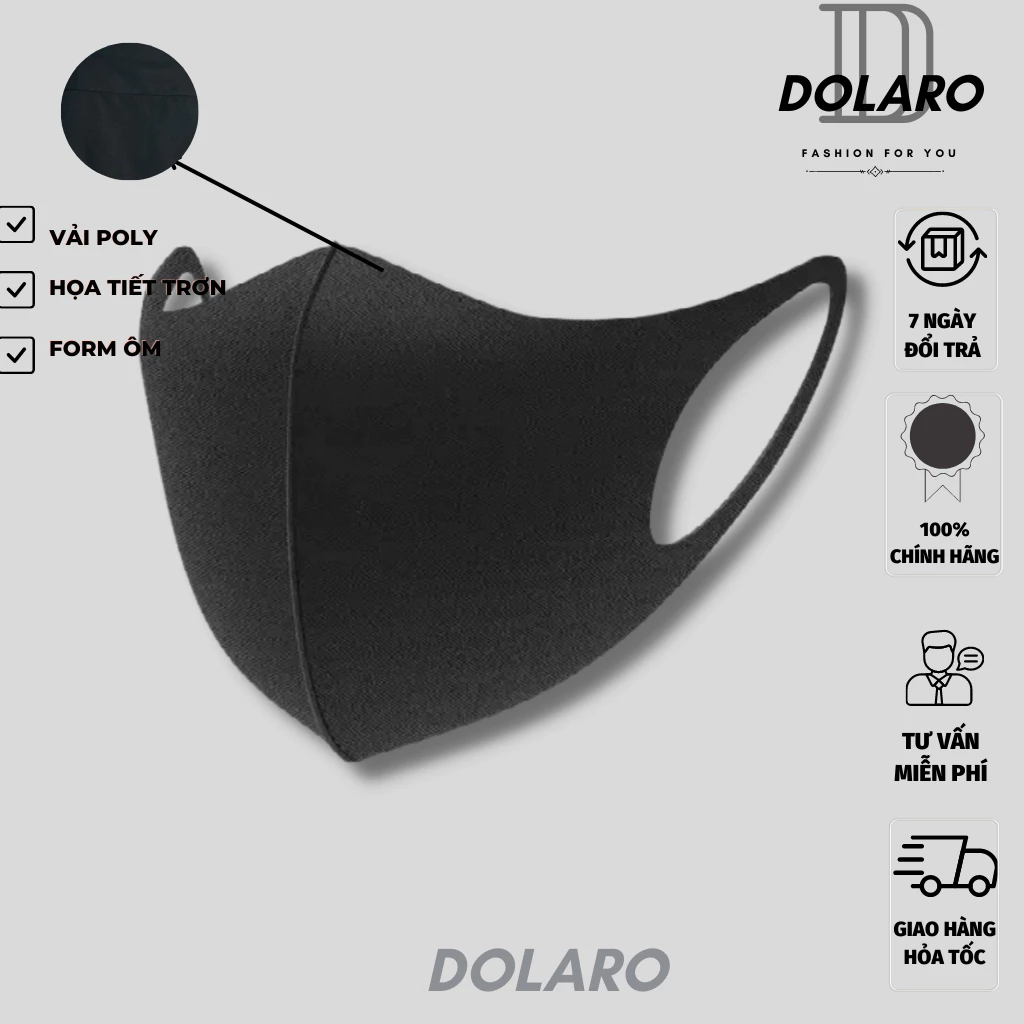 [ Hàng tặng] - khẩu trang poly DOLARO màu đen ngăn bụi form ôm mặt có thể giặt, hợp thời trang