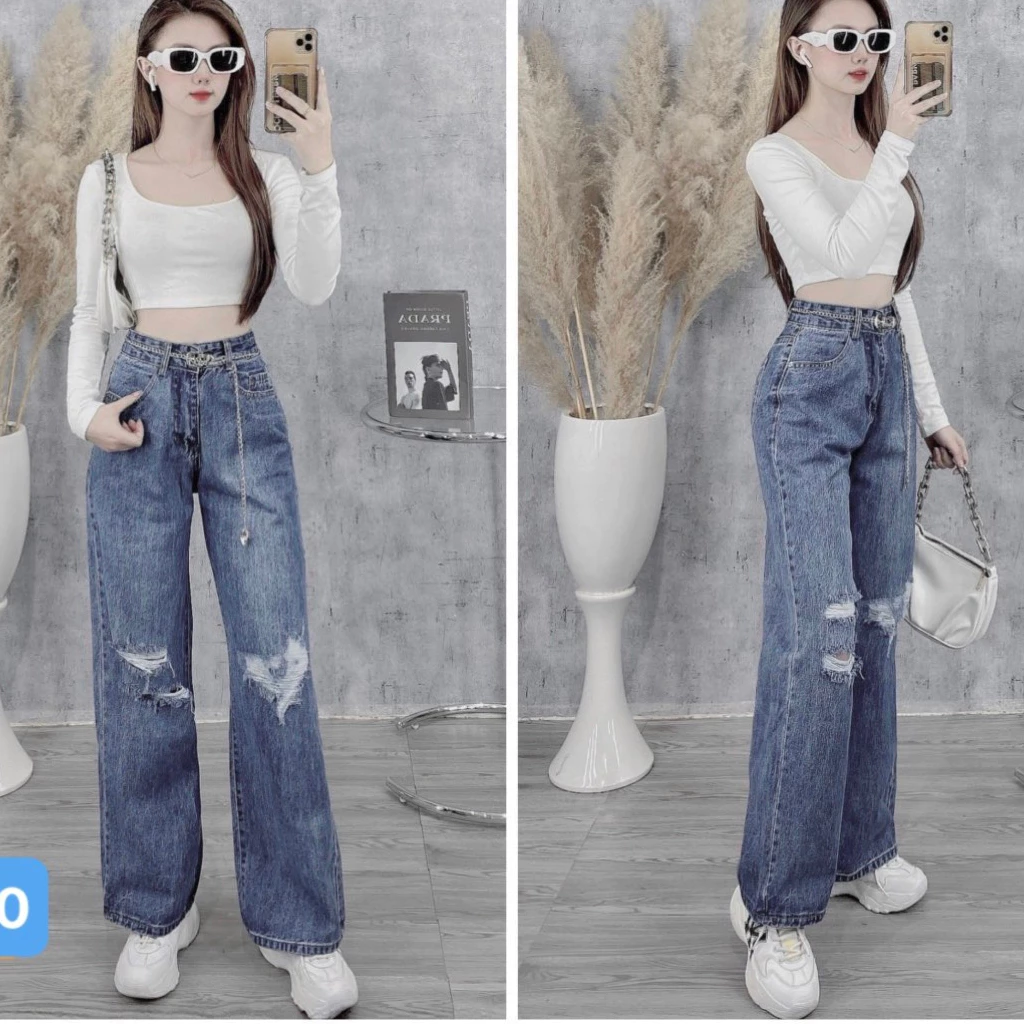 Quần jean baggy nữ suông màu xanh phong cách Ulzzang - Quần rin nữ ống rộng OBOKFASHION QBG550