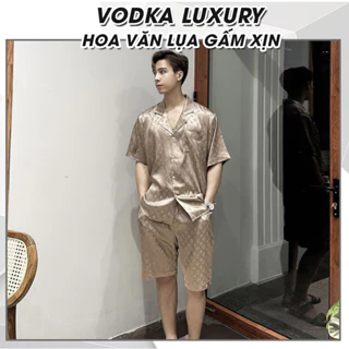 Đồ ngủ nam cộc pijama nam cộc mùa hè chất lụa gấm cao cấp đẹp hoa văn LV03 - VODKA LUXURY