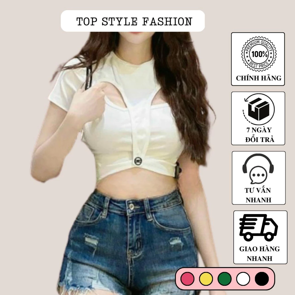 Áo croptop ngắn tay cổ tròn khoét lỗ độc đáo, áo kiểu nữ ôm body đính nút form siêu tôn dáng-A71