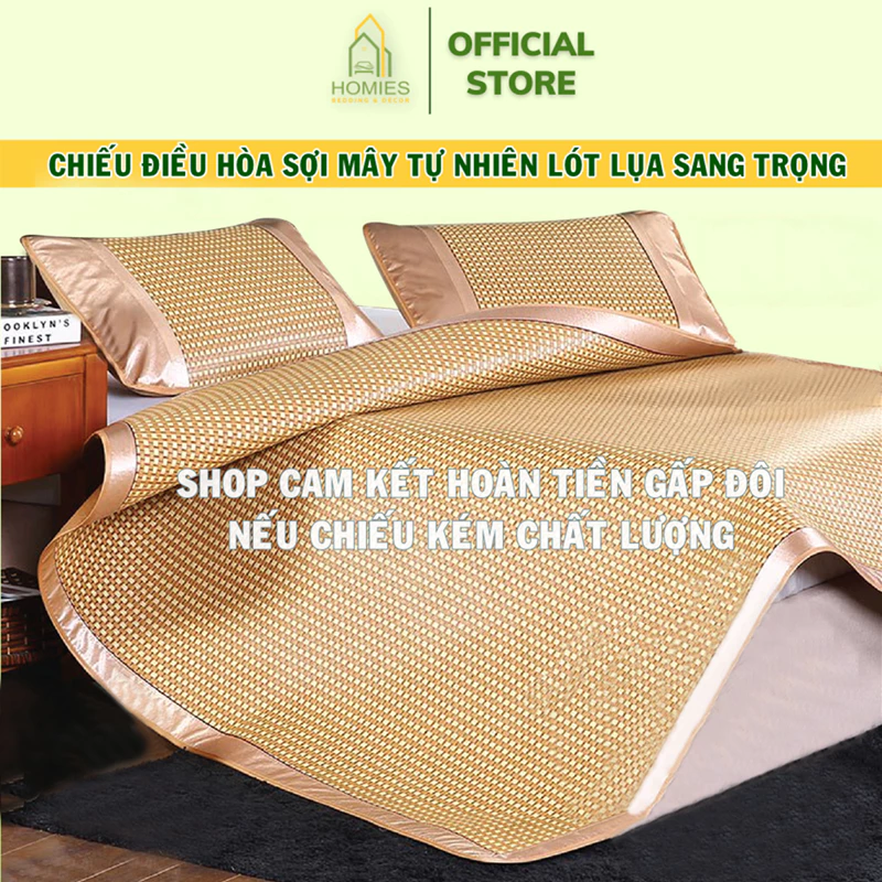 Chiếu Điều Hòa Sợi Mây Tự Nhiên HOMIES Bedding & Décor Mặt Sau Lót Lụa Mát Lạnh Mùa Hè, Chống Thấm Nước - Sử Dụng 4 Mùa