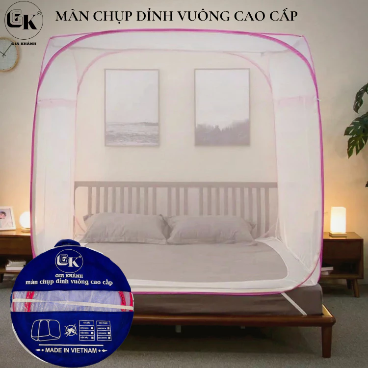 Màn chụp tự bung đỉnh vuông gia khánh  loại 1 Việt Nam 1.6m-1.8m-2m cao 1m70 mùng chụp đỉnh rộng hàng đẹp