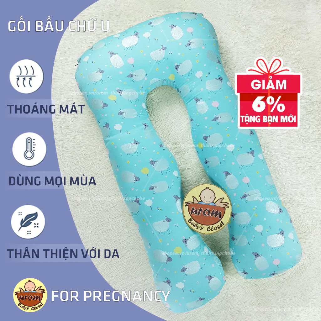 Gối ôm bà bầu chữ U vỏ cotton satin Hàn Quốc cao cấp 120cm bông gòn Micro Fiber mềm êm cho mẹ ngủ ngon