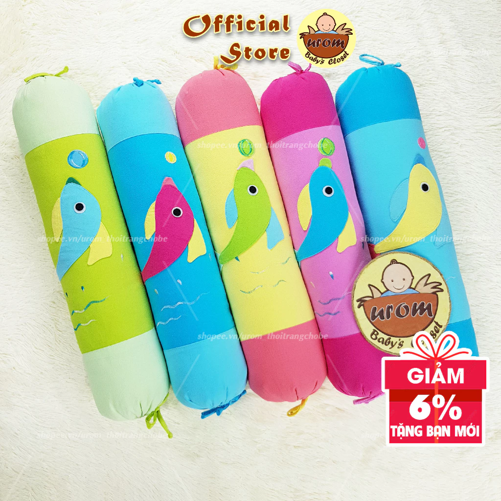 Gối ôm trẻ em dài 70cm, gối cotton cara mềm mại, họa tiết trên gối đắp hình cá đáng yêu, phù hợp cho bé từ 1 tuổi