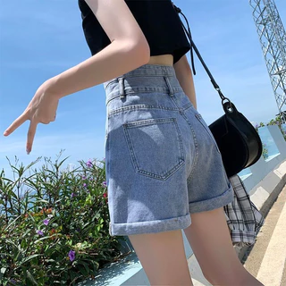 Quần Short bò Nữ Cạp Cao, Quần Shorts Jeans Nữ 2 Cúc Phong Cách Hàn Quốc