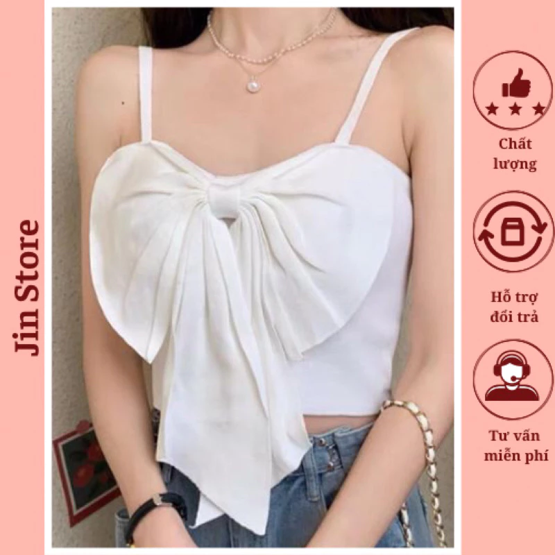 Áo hai dây nữ có nơ buộc to trước ngực mặc đi biển, áo hai dây croptop cúp ngực chất len dệt kim thoáng mát