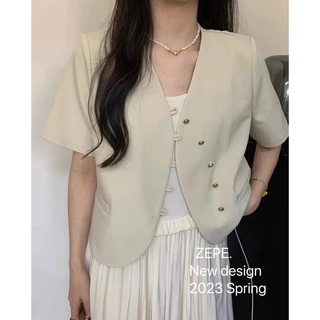 Áo khoác blazer vạt lượn cúc đồng có đệm vai style Hàn Quốc, blazer cộc tay dáng ngắn B2