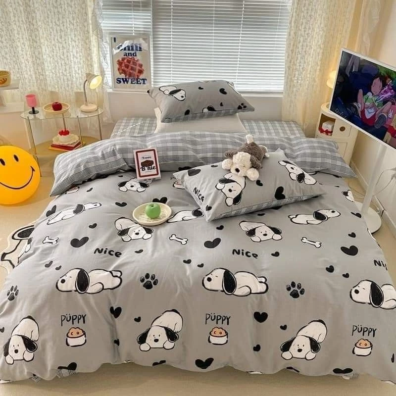 Bộ vỏ chăn ga gối 5 món poly cotton Mẫu Cún NiCe Ghi