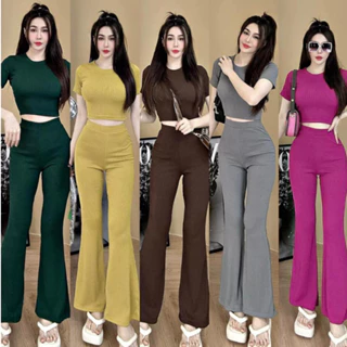 Đồ bộ nữ, set đồ bộ quần ống loe đai cao có túi kèm áo croptop ôm ngắn tay cổ tròn thun cotton gân, bộ đồ mặc ở nhà nữ