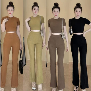 Đồ bộ nữ, set đồ bộ quần ống loe lưng cao có túi và áo croptop ôm ngắn tay vải thun cotton gân, bộ đồ mặc ở nhà nữ