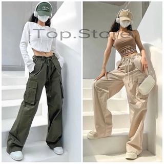 Quần ống rộng nữ nam cạp cao,quần kaki túi hộp cargo pants ống suông phối dây rút eo TOP.STORE siêu hack dáng