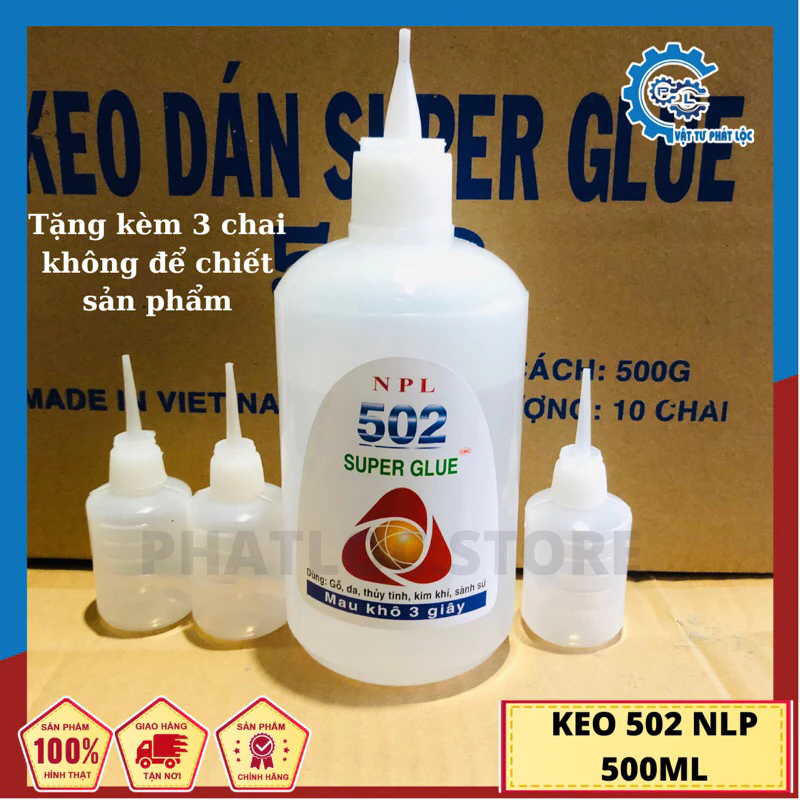 Keo 502 NPL - keo dán sắt lớn lọ tròn siêu dính 500ml -Tặng kèm 3 chai rỗng nhỏ để chiết sản phẩm