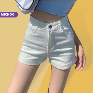 Quần Short Jean MICHOO Cạp Cao Chất Bò Giấy Thoáng Mát Co Giãn