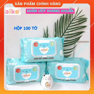 Combo 10 hộp khăn ướt AIKO 100 tờ vệ sinh cho bé, không mùi, kháng khuẩn, màu xanh/màu hồng- Chính hãng