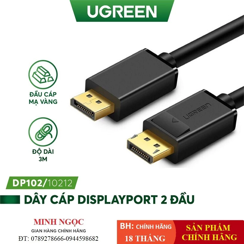 Dây cáp DisplayPort 2 đầu đực tốc độ 21.6Gbps dài 3m 10212 UGREEN DP102 ( Hàng Chính Hãng )
