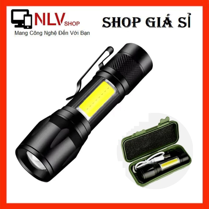 Đèn pin cầm tay siêu sáng, kèm hộp đựng và cáp sạc, đèn pin mini 3 chế độ sáng, chức năng zoom xa gần tiện dụng