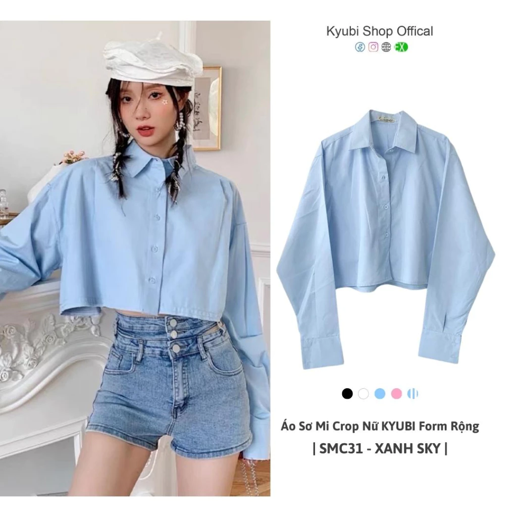 Áo somi dáng ngắn crop dài tay nữ nhiều màu phong cách ulzzang - Sơ mi Croptop KYUBI SM31