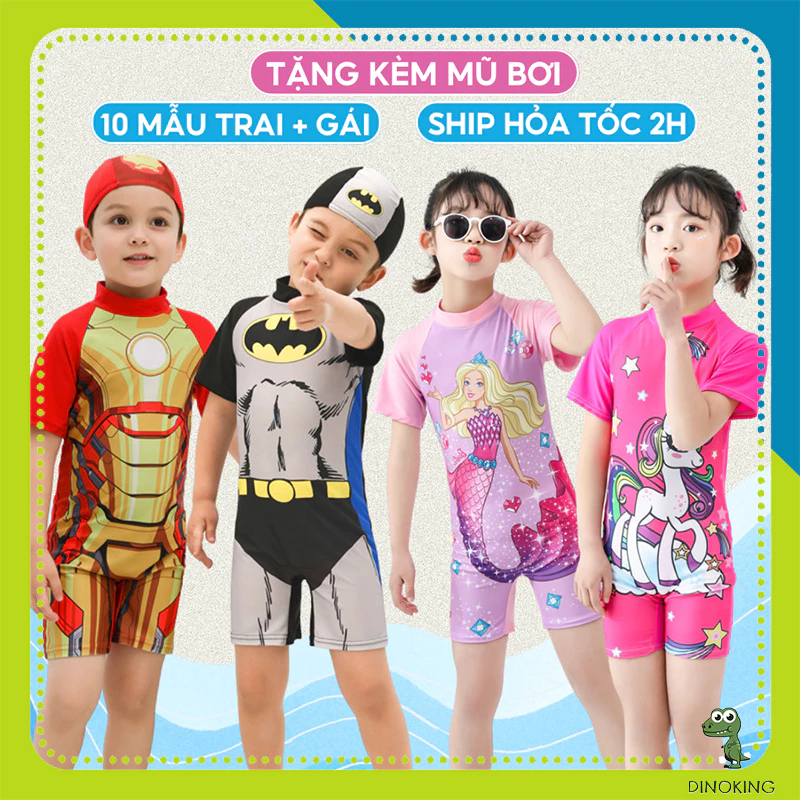 Đồ bơi bé gái bé trai DINOKING [TẶNG MŨ BƠI] Bộ bơi liền thân trẻ em công chúa siêu anh hùng cho bé 2 - 10 tuổi DB10