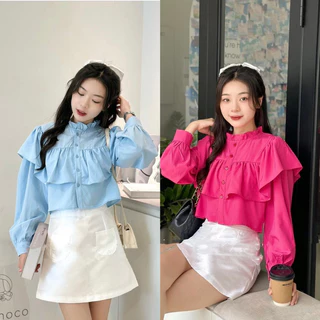 áo sơ mi croptop vai bèo cổ trụ sang chảnh , Áo sơ mi croptop dài tay vai bèo