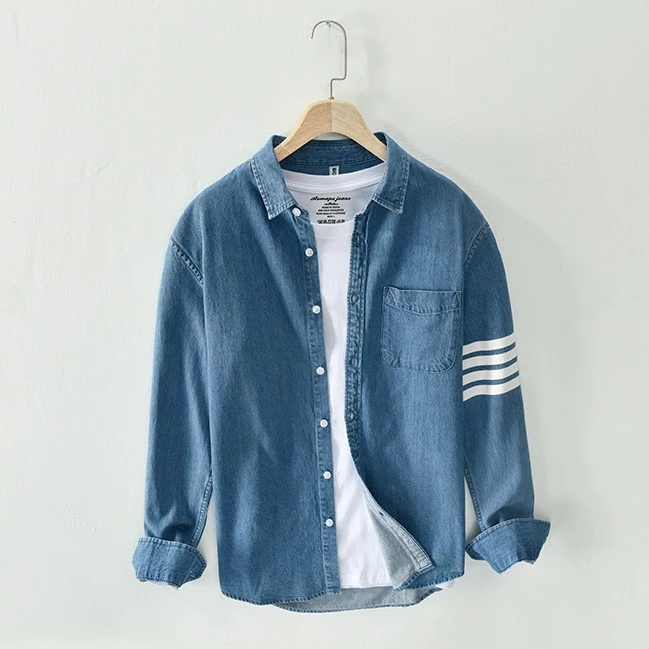 Áo sơ mi dài tay denim TOPMEN chất vải thoáng mát, co giãn, thoải mái in viền tay cao cấp nam nữ Hàn Quốc dễ phối đồ