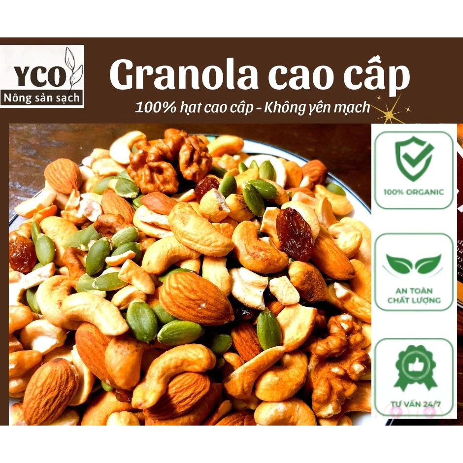GRANOLA VIP KHÔNG YẾN MẠCH, MIX 5 LOẠI HẠT ÓC CHÓ+ĐIỀU+HẠNH NHÂN+MACCA+HẠT BÍ SIÊU NGON-GKY