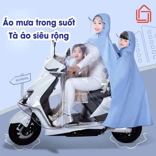 Áo mưa nửa trước trong suốt tà áo siêu rộng, che phủ toàn thân, kèm kính chắn mưa.