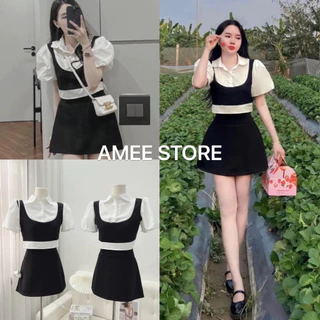 Áo sơ mi croptop tay bồng kèm áo gile chân váy chữ A lưng cao - Sét đồ bộ nữ đi chơi dự tiệc xinh giá rẻ hàn quốc, AMEE