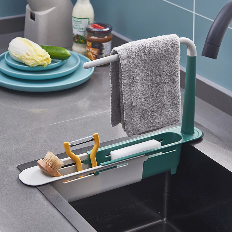 Giá treo để đồ rửa bát gắn bồn rửa có móc treo khăn tiện dụng - khay đựng đồ rửa chén