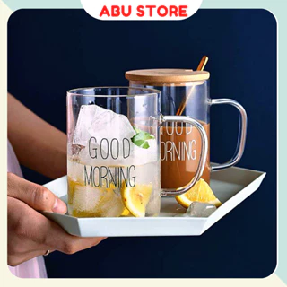 Ly thủy tinh chịu nhiệt uống nước dễ thương GOOD MORNING 400ml,Cốc thủy tinh decor cute ABUSTORE T35