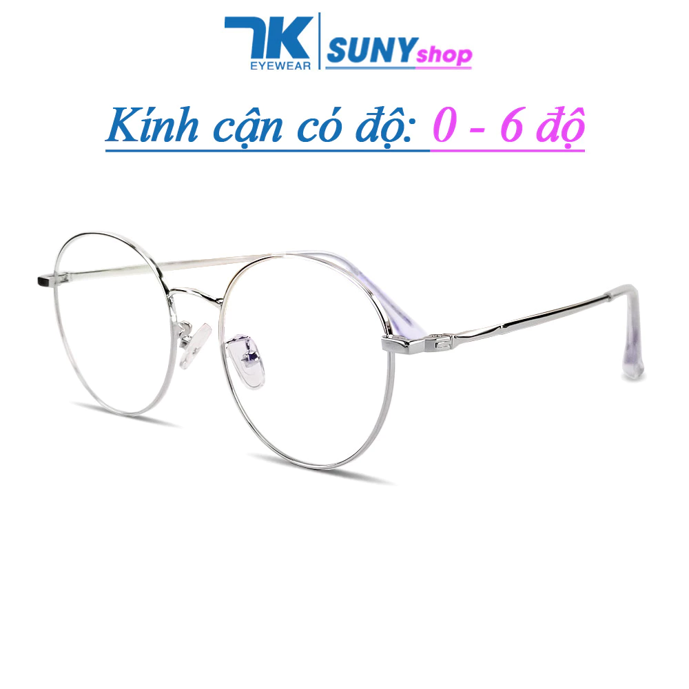 Mắt kính cận có độ sẵn 0 - 6 độ nữ, nam mắt tròn kim loại 7K29203. Có sẵn tròng giả cận 0 độ chống ánh sáng xanh, tia UV
