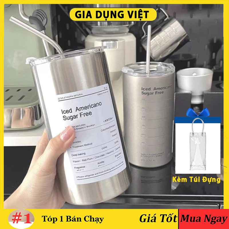 Bình đựng nước giữ nhiệt Iced Americano có ống hút dung tích 600ml, Ly cốc giữ nhiệt cute uống cà phê dùng văn phòng