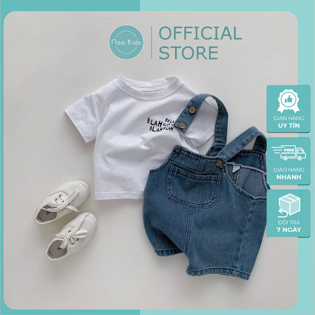 Set yếm Jeans kèm áo thun cho bé trai bé gái, yếm bò phong cách Hàn quốc cho bé hàng qccc
