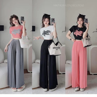 Set Bộ Đồ Nữ Áo Croptop Áo Kiểu Nữ Ngắn Tay Quần Suông Ống Rộng Cotton Freesize mẫu ReaDy. TP04