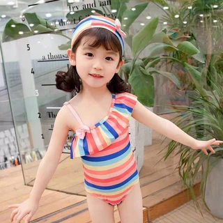 Bộ bơi bé gái cầu vồng Kèm mũ đáng yêu, Bikini cho bé gái 9- 26kg