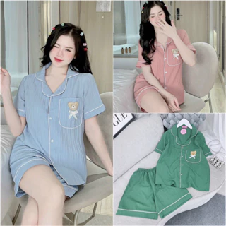 Bộ pyjama lé viền, gắn gấu nơ ngực, bộ pizama tay cộc quần đùi, bộ đồ ngủ, thời trang nữ mặc nhà